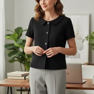 Theory Black Peter Pan Collar Textured short Sleeve Four Button Career Blazer